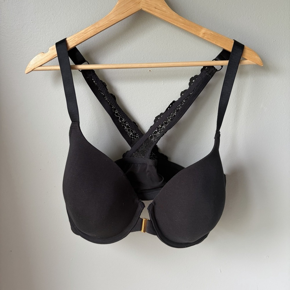 Cacique The Cotton Lightly Lined Black‎ Lace Back Front Clip Bra Size 42DD